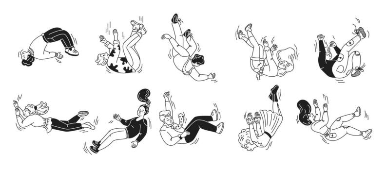 Black and white cartoon style illustrations. Diverse figures are tumbling in various poses. Dynamic motion depicted. No background to emphasize the action. vector