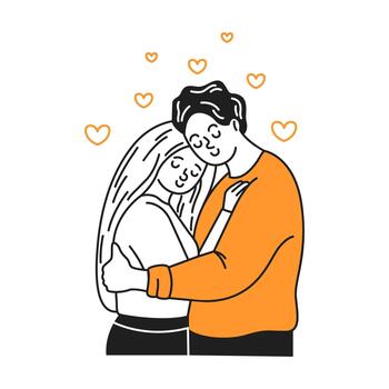 Illustration of a loving couple embracing. They appear content and serene. Orange hearts float around them. The background is plain white, conveying simplicity and affection. vector