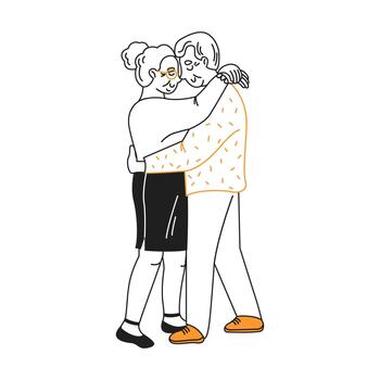 Charming line drawing of elderly couple sharing warm hug. Man and woman show affection and joy. Simple colors emphasize their happiness and connection. vector