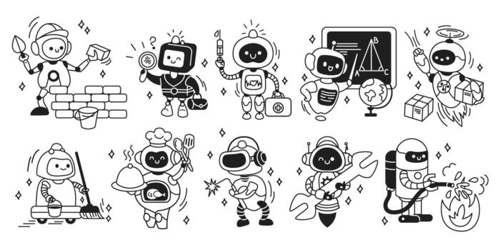 Cheerful robots depicted in various professions including builder, doctor, scientist, and firefighter in black and white cartoon style. Perfect for tech illustrations. vector