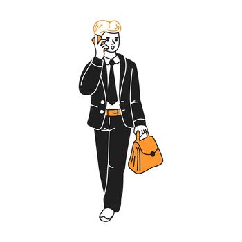 Illustration of a businessman in a suit walking and talking on the phone. He holds a briefcase, exuding a sense of professionalism and purpose. vector