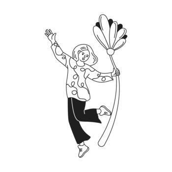 Minimalist illustration of a happy person jumping while holding a large flower. The character is dressed casually and the flower adds a whimsical touch. vector