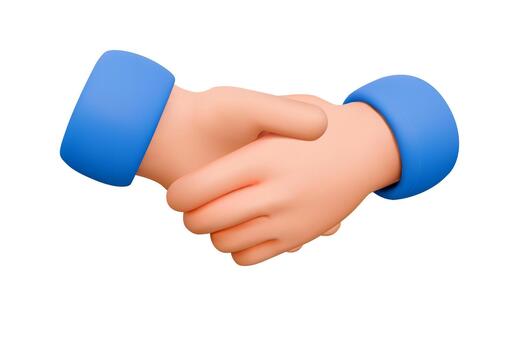Two cartoon hands shaking with bright blue sleeves in 3D style. The handshake is depicted against a plain white background, emphasizing unity and agreement. vector
