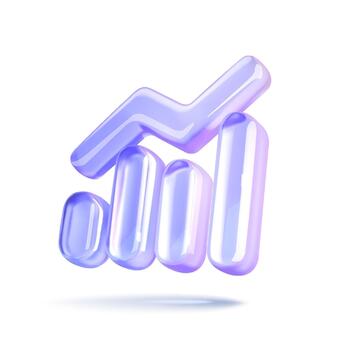 3D illustration of a bar chart with an upward arrow symbolizing growth rendered in glossy purple hues isolated on a white background. vector