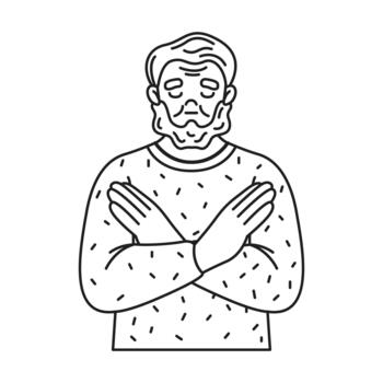 Illustration of a man with a beard crossing his arms in front of his chest, conveying a gesture of refusal or disagreement, in a simple line style. vector