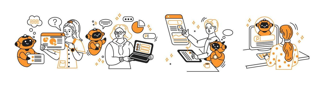 Illustration of friendly artificial intelligence and diverse professionals working collaboratively. They analyze data, interact with technology, and discuss ideas in a sleek office setting. vector