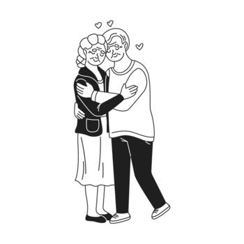 Charming black and white drawing of an elderly couple embracing lovingly with hearts around them emphasizing timeless affection and warmth. vector
