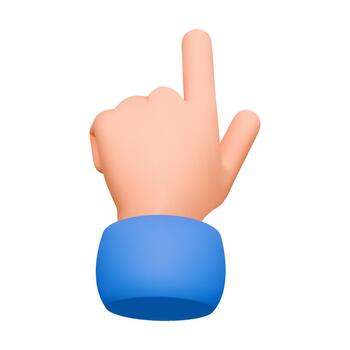 3D cartoon hand with realistic texture wears bright blue sleeve. Index finger points upward signaling direction or attention. Smooth white backdrop enhances focus. vector