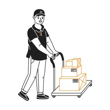 Illustration of a delivery person in uniform pushing a cart loaded with various sized boxes. The simple and clean design focuses on logistics and transportation. vector