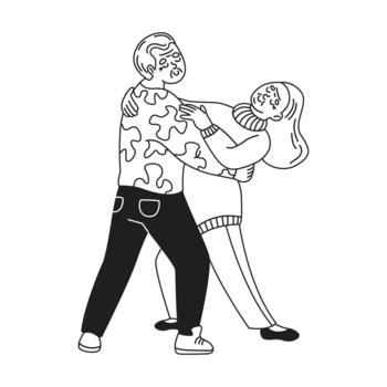 A whimsical black and white illustration depicting a joyful couple dancing. The characters are embracing and appear to be in middance, showcasing fun and movement. vector