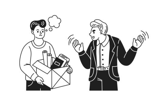 Black and white illustration of two coworkers in a disagreement. One holds a box of office items while the other gestures expressively. Simple style on white background. vector