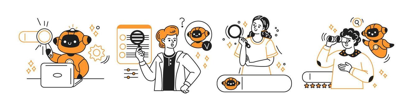 Modern illustration showcasing diverse individuals and a artificial intelligence actively searching various topics. Vibrant colors and dynamic style emphasize teamwork and technology. vector