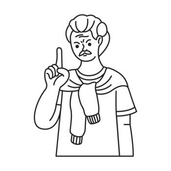 Outline drawing of a person raising one finger, portraying a serious expression with a sweater draped over shoulders, conveying a message or idea. vector