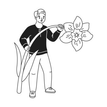 Black and white line art showing a person standing with a large flower in hand. The simple design emphasizes nature and human interaction with oversized flora. vector
