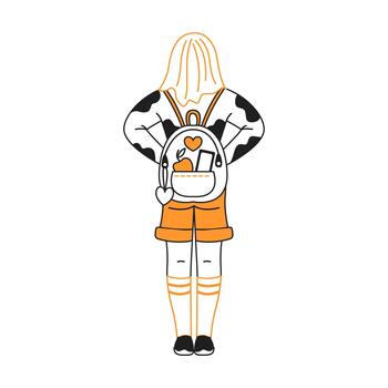 Minimalistic line art of girl facing away. She wears a backpack with heart details and holds hands on hips. Dressed in shorts against white background. Simplistic cartoon style. vector
