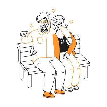 illustration showing an elderly couple sitting together on a bench, embracing. The line art is simple, with some elements highlighted in orange. vector