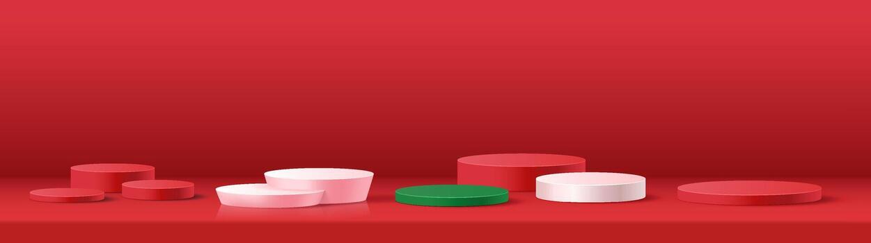 Abstract 3D illustration of red and green cylinders on smooth red background. Modern design elements for creative projects and presentations with minimalistic style. vector