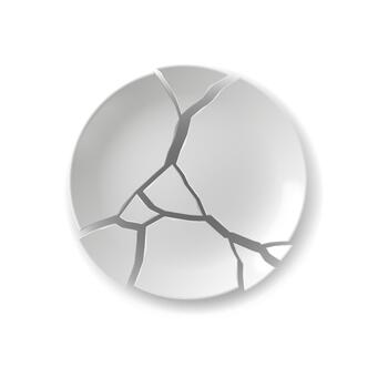 White plate with cracks in abstract style on a plain white background. The design represents fragility and imperfection in minimalist aesthetics. vector