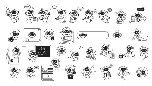 ilustración conjunto presentando linda artificial inteligencia en varios actividades, negro y blanco, atractivo en relacionado con la tecnología tareas, juguetón diseño, digital interfaz elementos. vector