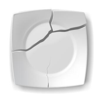 Realistic illustration of a white plate with visible cracks. Neutral backdrop. Symbolizes breakage and fragility. Useful for kitchenware and repair themes. vector