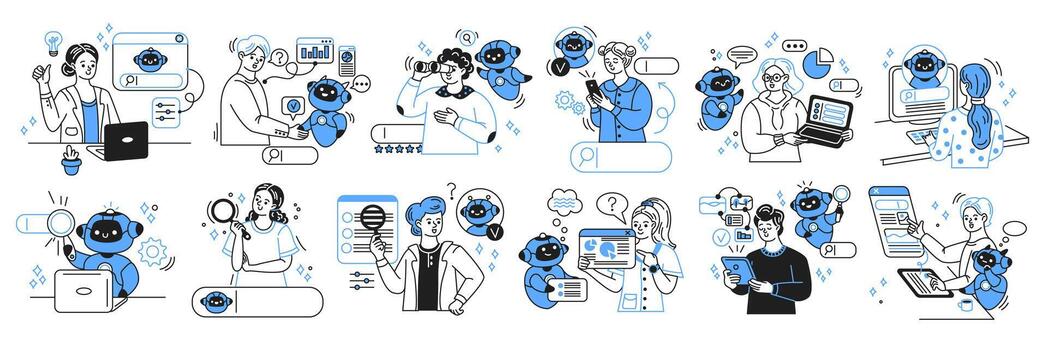 Cartoon artificial intelligence and people in a seamless pattern. They use technology in an engaging and efficient way. Blue and white color scheme highlights innovation and communication. vector
