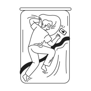 A minimalistic illustration displaying a person lying in bed, holding a mobile phone with a heart icon. The artwork emphasizes modern digital habits. vector