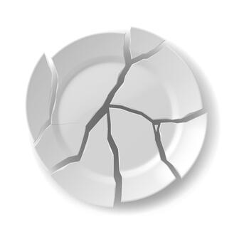 Illustration of a broken plate in shades of grey. The image features a cracked dish with visible fractures, set against a plain white background. vector