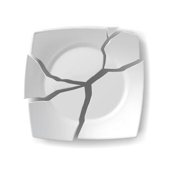 illustration of a cracked white plate. Highlighting the fragility and symbolism of breaking. Set on a minimalist white background. Useful for concepts of repair and fragility. vector