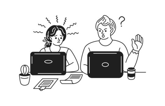 dos colegas apareciendo confuso mientras utilizando laptops en un minimalista estilo. negro y blanco ilustración demostración expresiones de frustración y curiosidad. oficina ajuste. vector