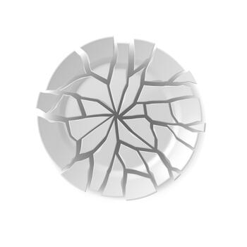 gráfico ilustración de un roto plato con dispersado fragmentos en blanco antecedentes. vitrinas un único artístico representación de fragilidad y imperfección. vector