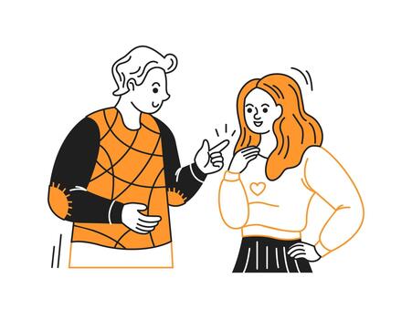 Two smiling individuals in casual attire engaging in friendly conversation. Black and orange line art style on a white background. Represents communication and social interaction. vector