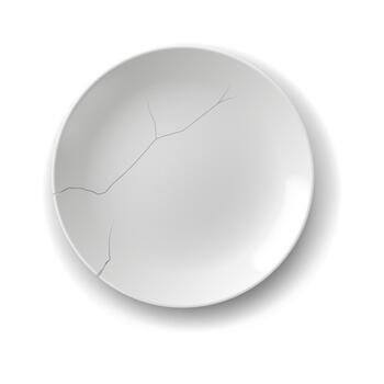 Realistic illustration of a cracked white plate on a clean white background. The simple design highlights fragility and imperfection in everyday objects. vector