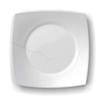 Square white plate with a noticeable crack, representing fragility and wear. Clean and minimalist design on a white background, focus on material imperfection. vector