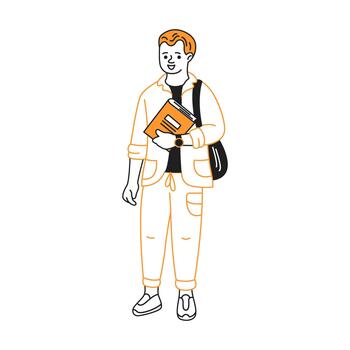Minimalistic illustration of a smiling student in casual attire holding books with a backpack. This simple line art style adds a playful touch to educational themes. vector