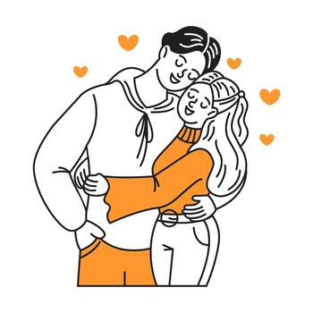 Illustration of a loving couple hugging warmly. Both look content and cheerful against a white background with orange hearts floating around, symbolizing affection. vector