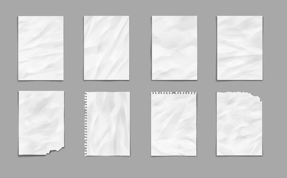 Set of crumpled paper textures in varied forms on gray background. Ideal for design projects or presentations. Realistic depiction adds depth and texture. vector