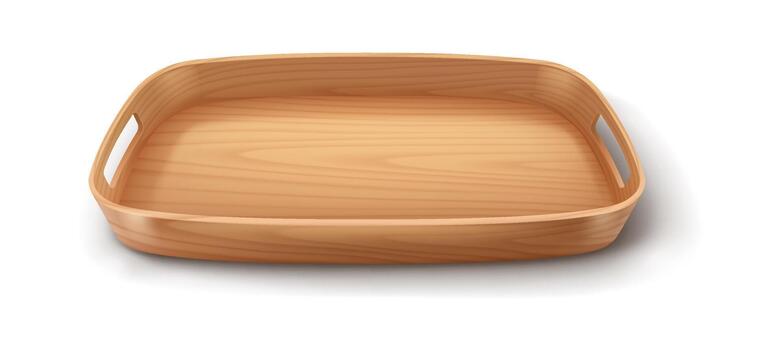 A realistic illustration of an empty rectangular wooden tray with smooth surface and builtin handles. The natural wood grain texture is clearly visible. vector
