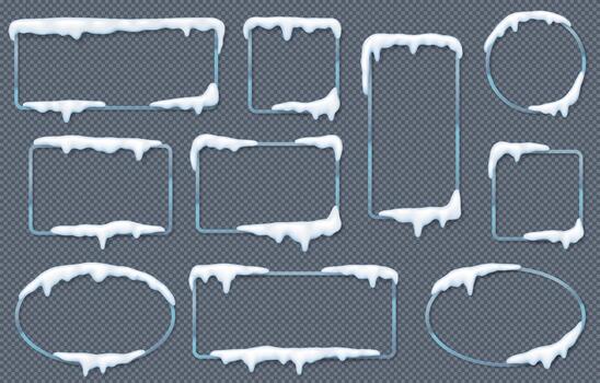 Set of winterthemed frames with frosted snow and ice edges. Various shapes including circles and rectangles. Designed on background for winter decor. vector
