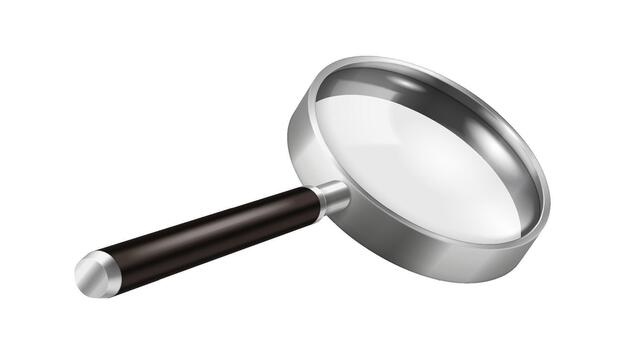 Detailed illustration of a magnifying glass with a metallic frame and black handle isolated on a white background, showcasing a clear lens for focus. vector
