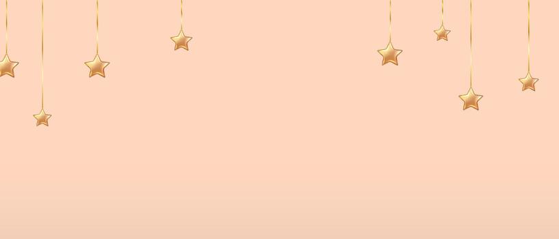 Illustration of golden stars hanging on delicate strings. Set against a soft orange backdrop. Ideal for festive occasions and decorative themes. vector