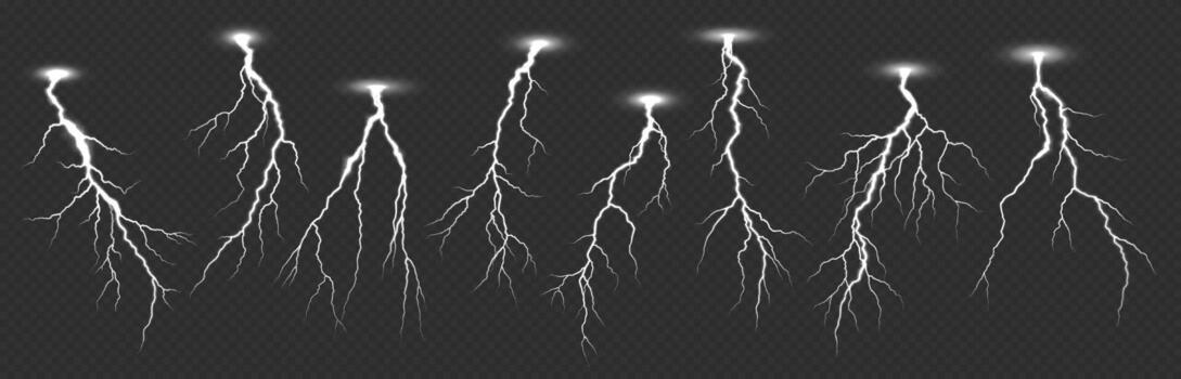A realistic illustration of multiple lightning bolts with glowing effects, set against a background. Perfect for design projects requiring storm elements. vector
