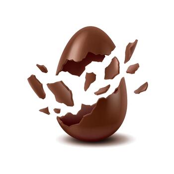 Dynamic illustration of a chocolate egg bursting into pieces, highlighting smooth texture and rich brown color. Pieces scattered artistically in midair. vector