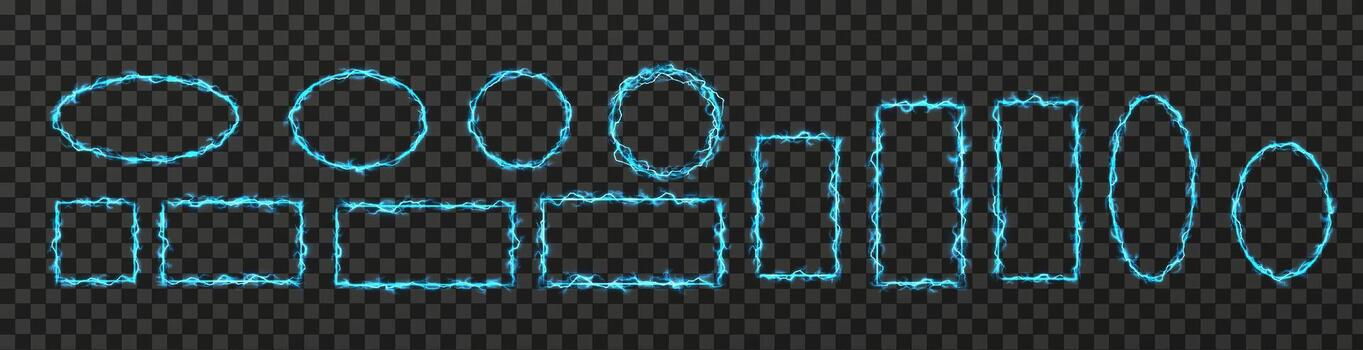 Collection of electric neon shapes outlined in blue. Includes various geometric forms like circles and rectangles. Electrifying design on a background. vector