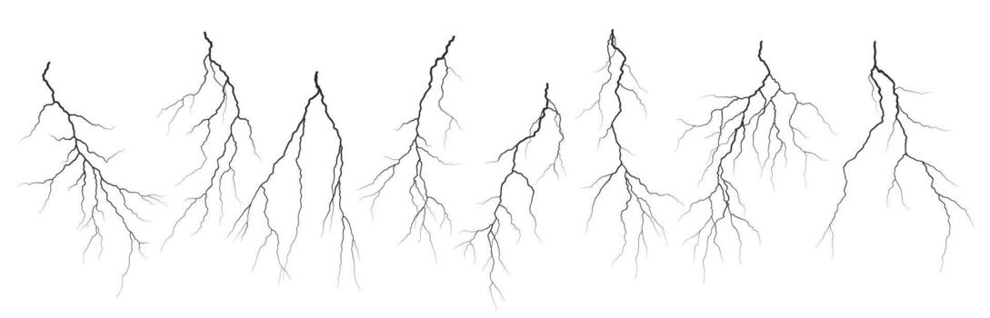 Abstract lightning pattern in monochrome. Black lines create striking electric branches on a clean white backdrop. Ideal for energy and power themes. vector