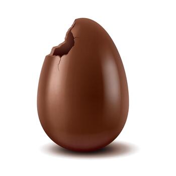 A realistic chocolate egg with a bite taken out of it sits against a plain white background, showcasing smooth textures and shiny surfaces. vector