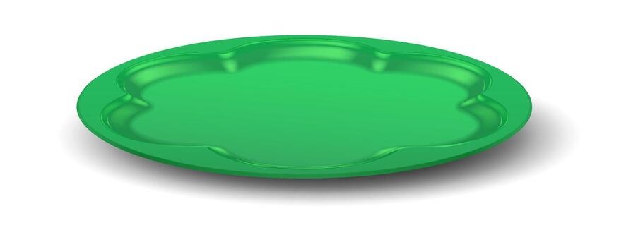 A green circular plate with a unique geometric design in the center, featuring a smooth surface. The plate casts a subtle shadow on a white background. vector