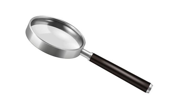 Illustration of a realistic magnifying glass featuring a glossy metallic rim and clear lens. The magnifier has a sleek black handle reflecting light. vector