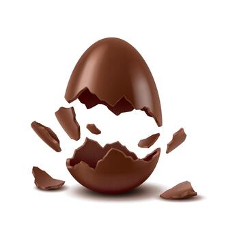 Realistic illustration of a broken chocolate egg with pieces floating around, set on a clean white backdrop to emphasize details and textures. vector