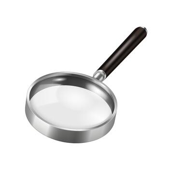 Realistic illustration of a magnifying glass with a black handle and silver rim, used for enlarging small text or images, set against a white background. vector