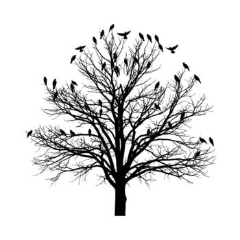Silhouette of a bare tree with many crows perched on its branches against a white background birds vector